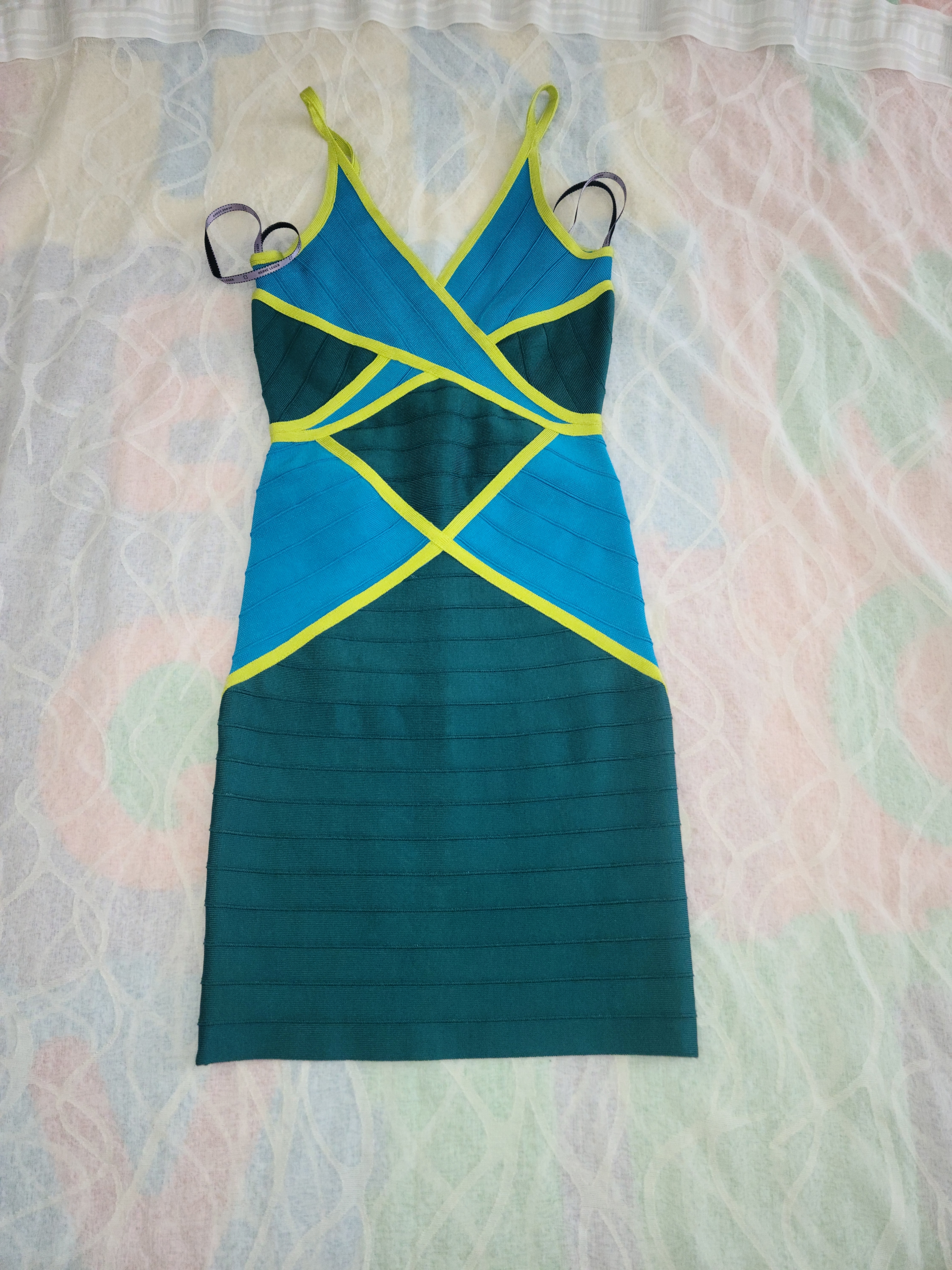 Herve Leger Teal & Bright Blue Bandage Mini With Lime Trim